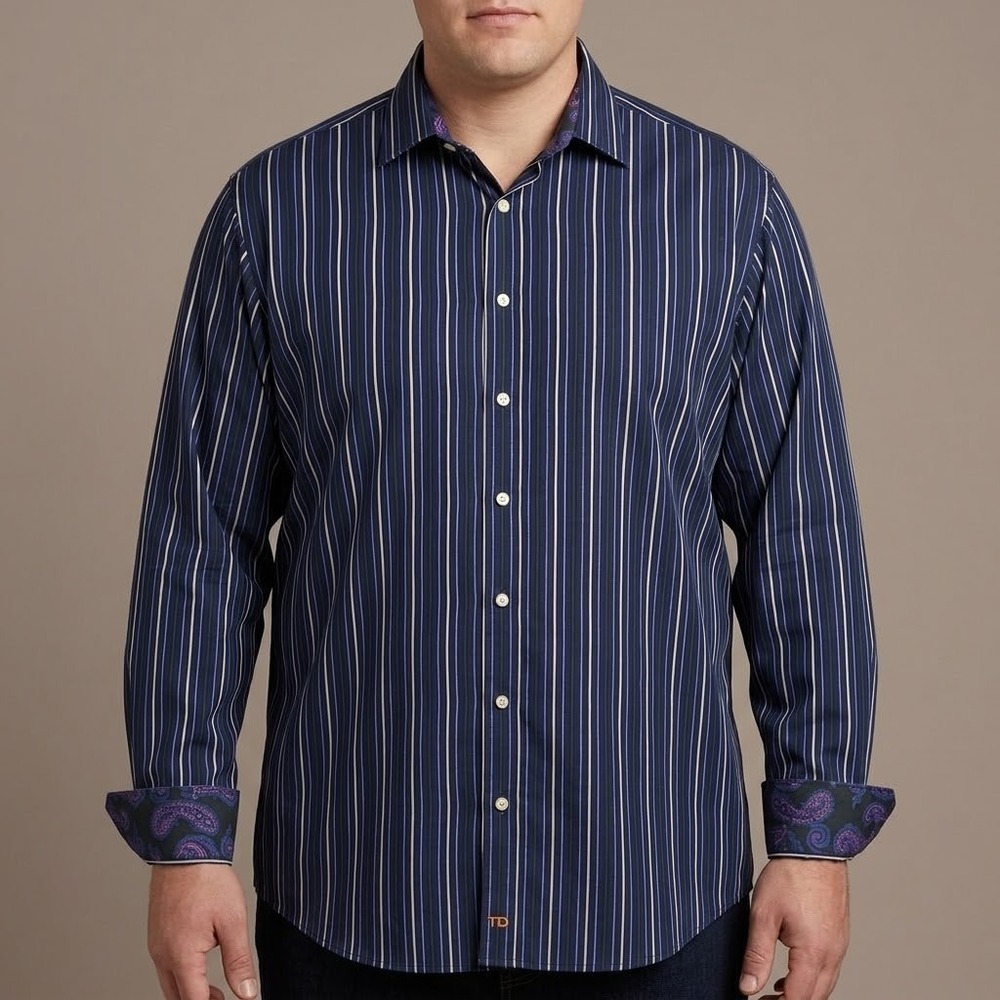 Thomas Dean‎ Striped Shirt Mens XL Navy Pima Cotton Paisley Trim EUC